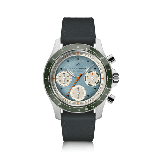 1960 Racing Chronograph Sky Blue & Green on dark grey vintage leather