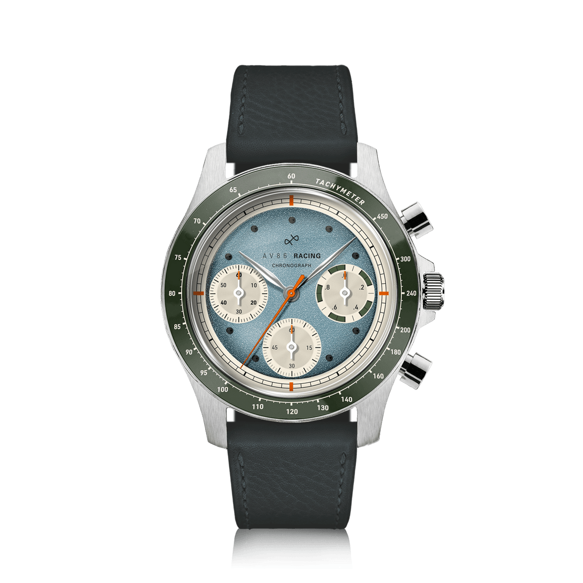 1960 Racing Chronograph Sky Blue & Green on dark grey vintage leather