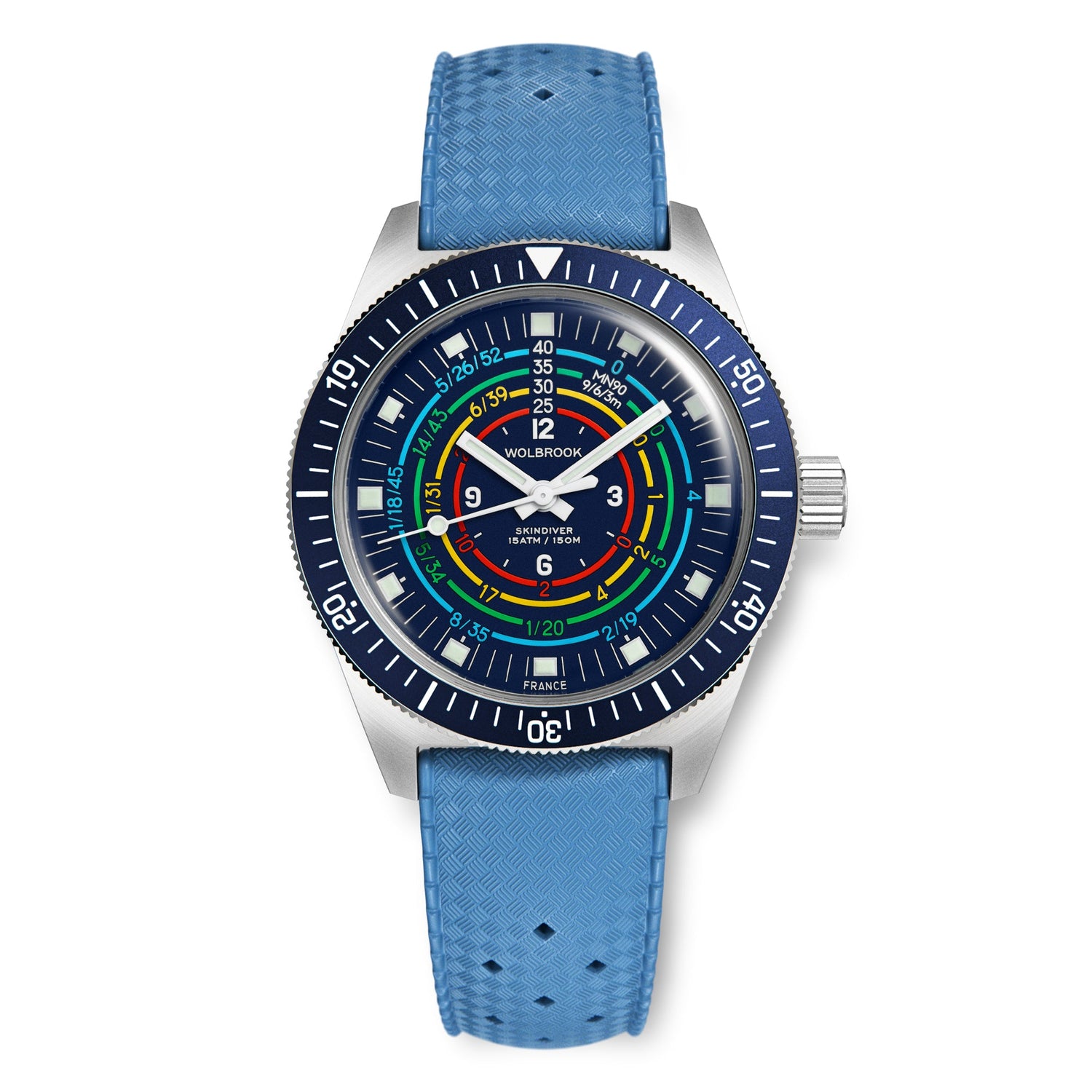 Wolbrook Skindiver Decompression MN90 blue dial dive watch on sky blue Tropic strap