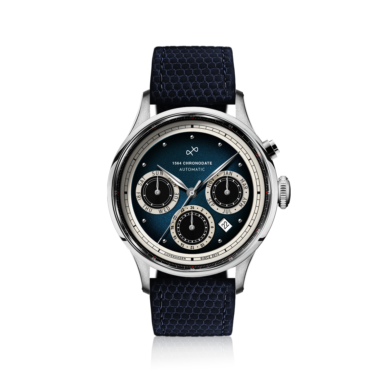 About Vintage 1564 Chronodate Automatic in Blue — textured blue dial, 39mm steel case