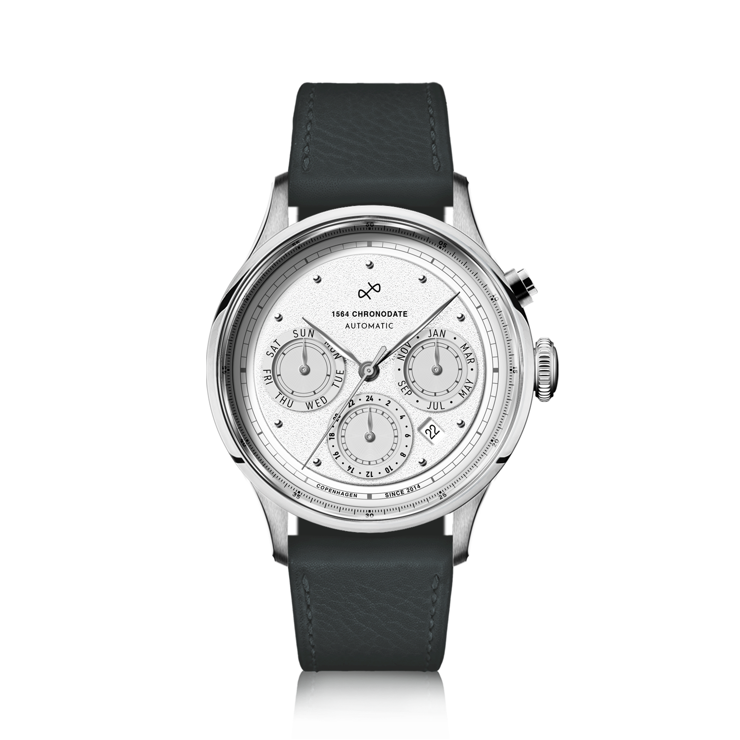 About Vintage 1564 Chronodate Automatic in White — textured white dial, 39mm steel case