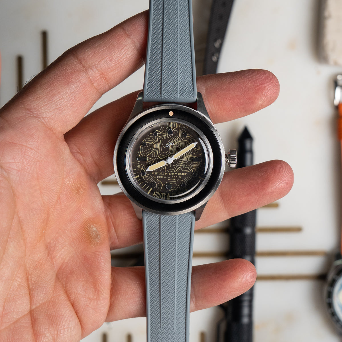 AV86 x STR Kashafa on a grey FKM rubber strap — strap example | Smiths Boutique