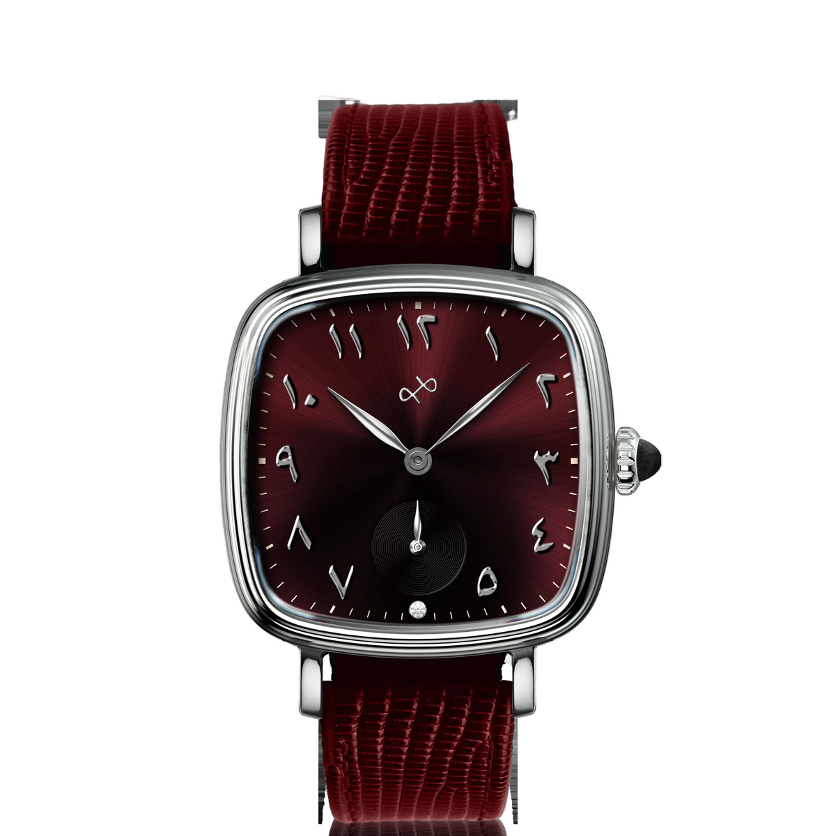 Smiths x AV86 Raqeeqa | رقيقة — burgundy sunray dial with applied Eastern Arabic numerals, 33mm steel, burgundy lizard-grain strap | Smiths Boutique