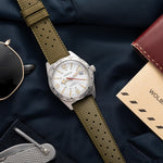 Wolbrook Military Green Tropic strap flat lay with white dial Skindiver