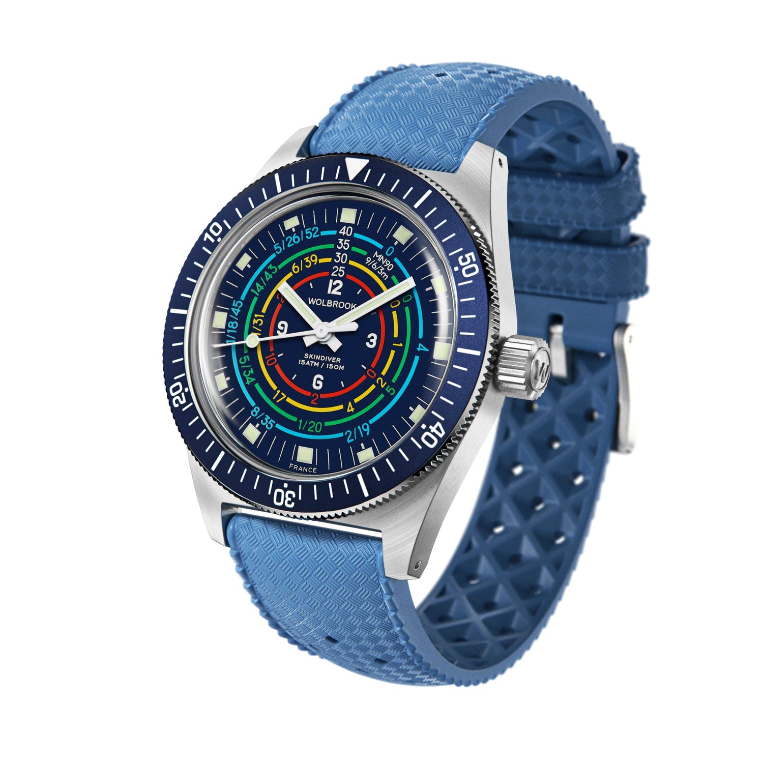 Wolbrook Skindiver Decompression MN90 blue watch angled profile view