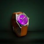 Runde Purple — side angle with brown leather strap