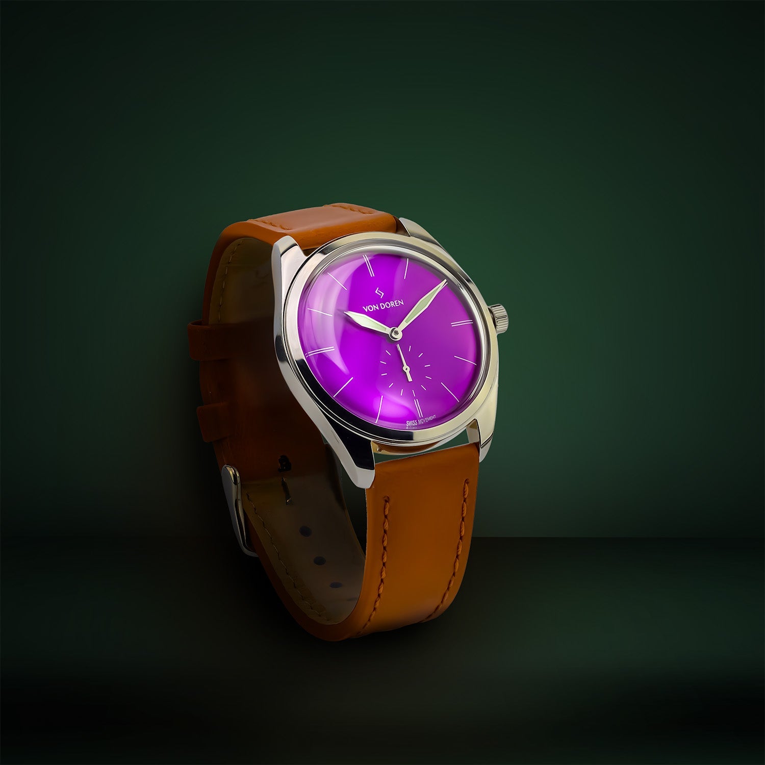 Runde Purple — side angle with brown leather strap