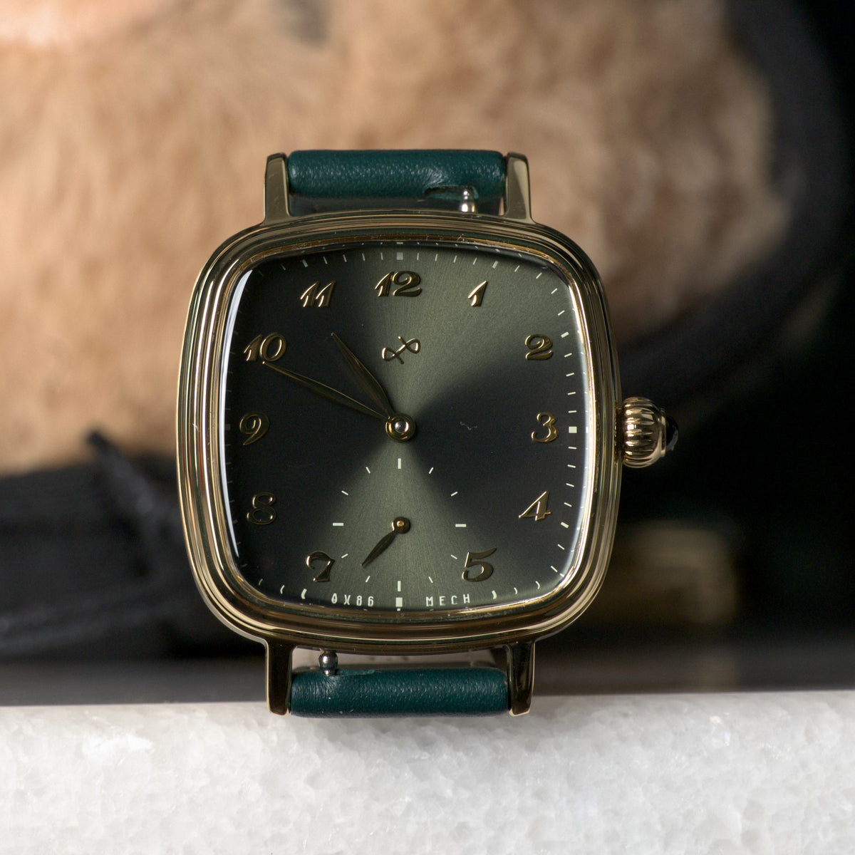 AV86 1954 Capri Green/Gold — 33mm ladies' hand-wound watch, green dial, gold-plated cushion case, green leather strap | Smiths Boutique
