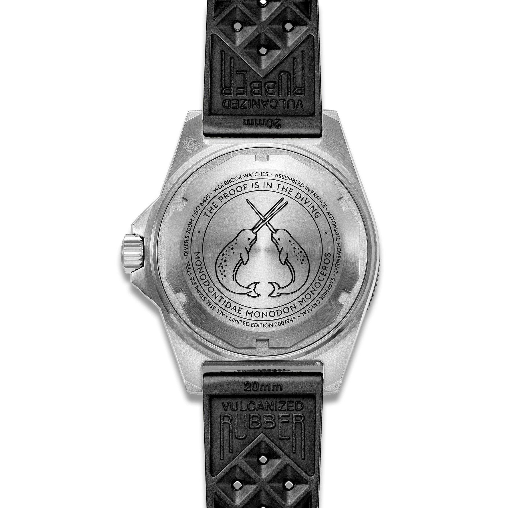 Wolbrook Skindiver II Automatic numbered limited edition caseback with narwhals