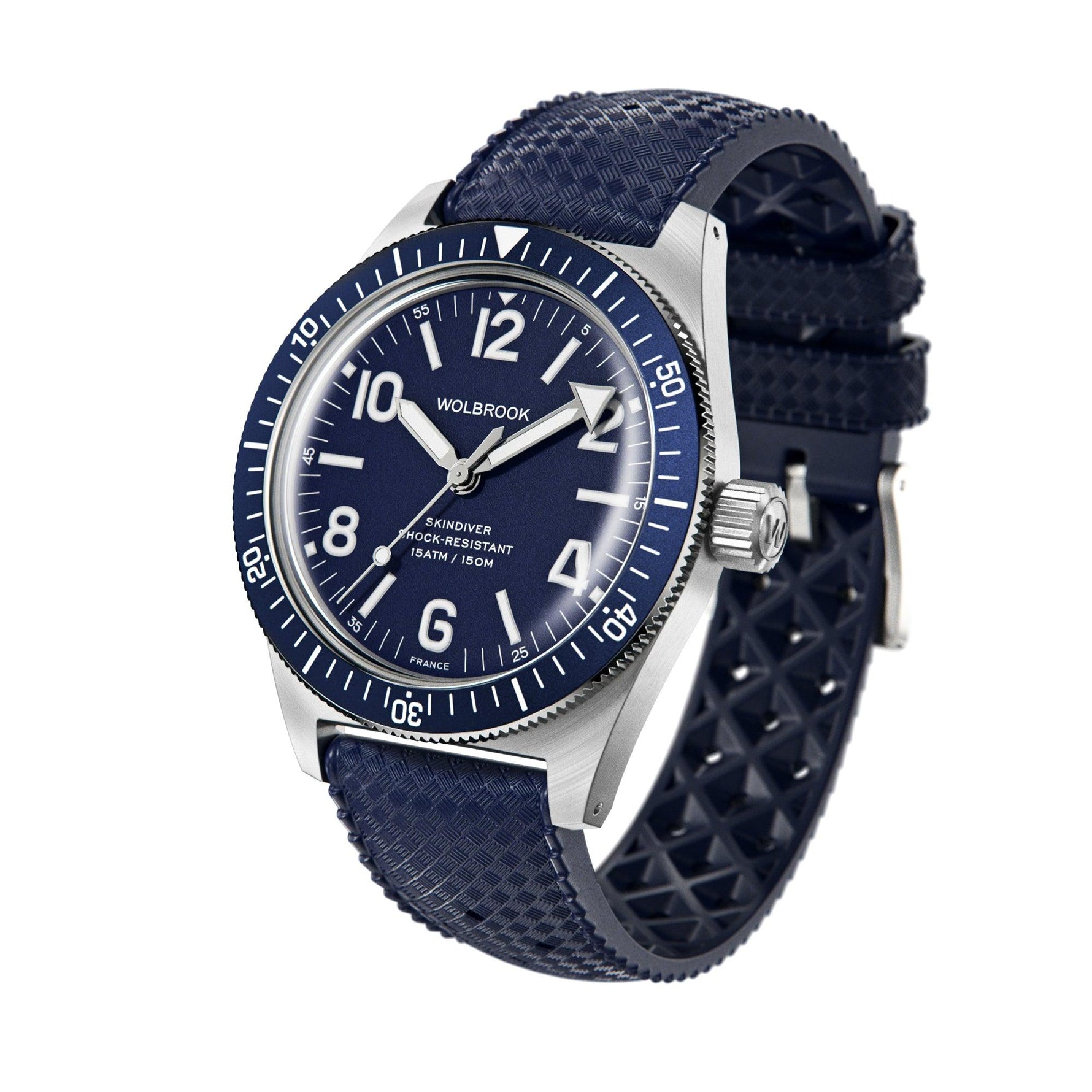 Wolbrook Skindiver Automatic blue watch angled view