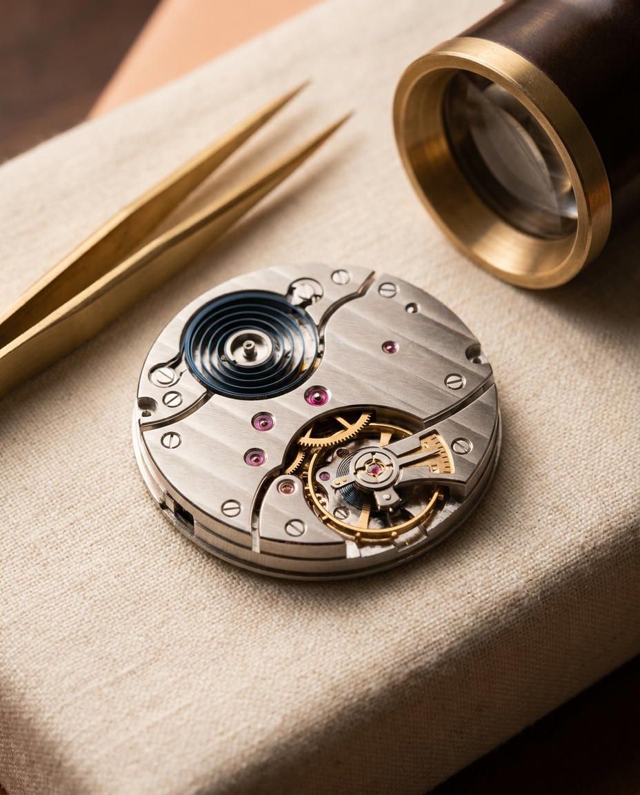 Macro of a hand-wound watch movement and a watchmaker's loupe on a Bergeon bench, in warm gallery light.