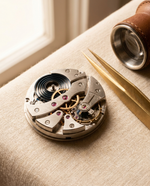 A fine mechanical watch movement — blued mainspring, ruby jewels and brushed bridges — on cream linen with brass watchmaker's tweezers and a loupe.