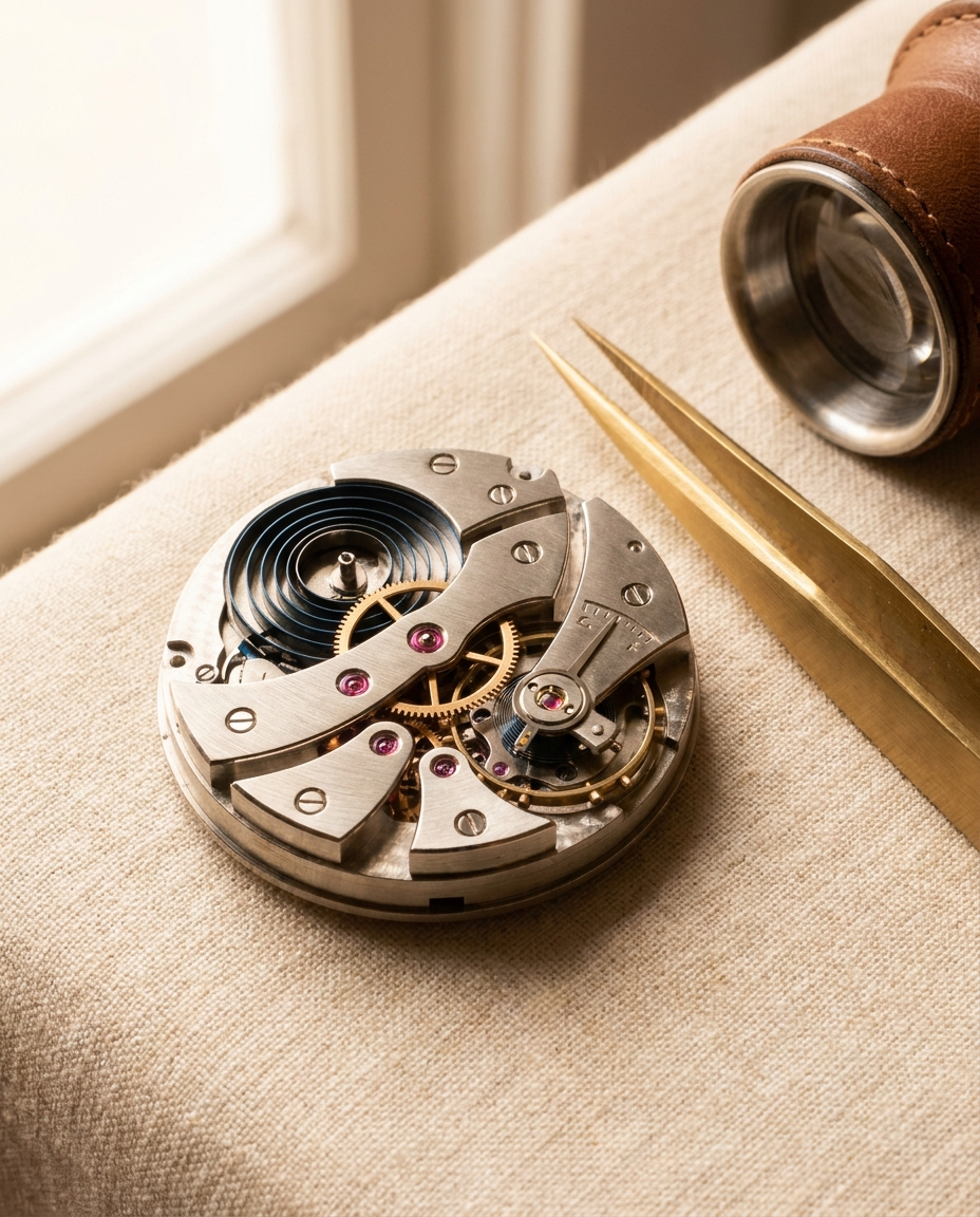 A fine mechanical watch movement — blued mainspring, ruby jewels and brushed bridges — on cream linen with brass watchmaker's tweezers and a loupe.