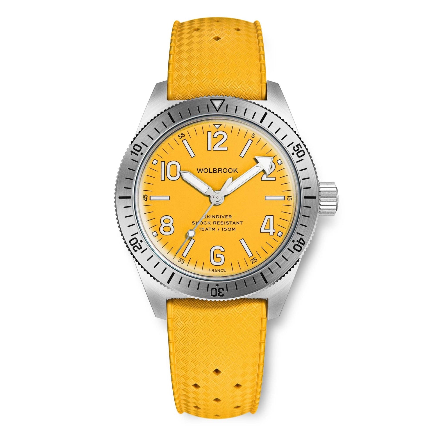 Wolbrook Skindiver Automatic yellow dial dive watch on yellow Tropic rubber strap