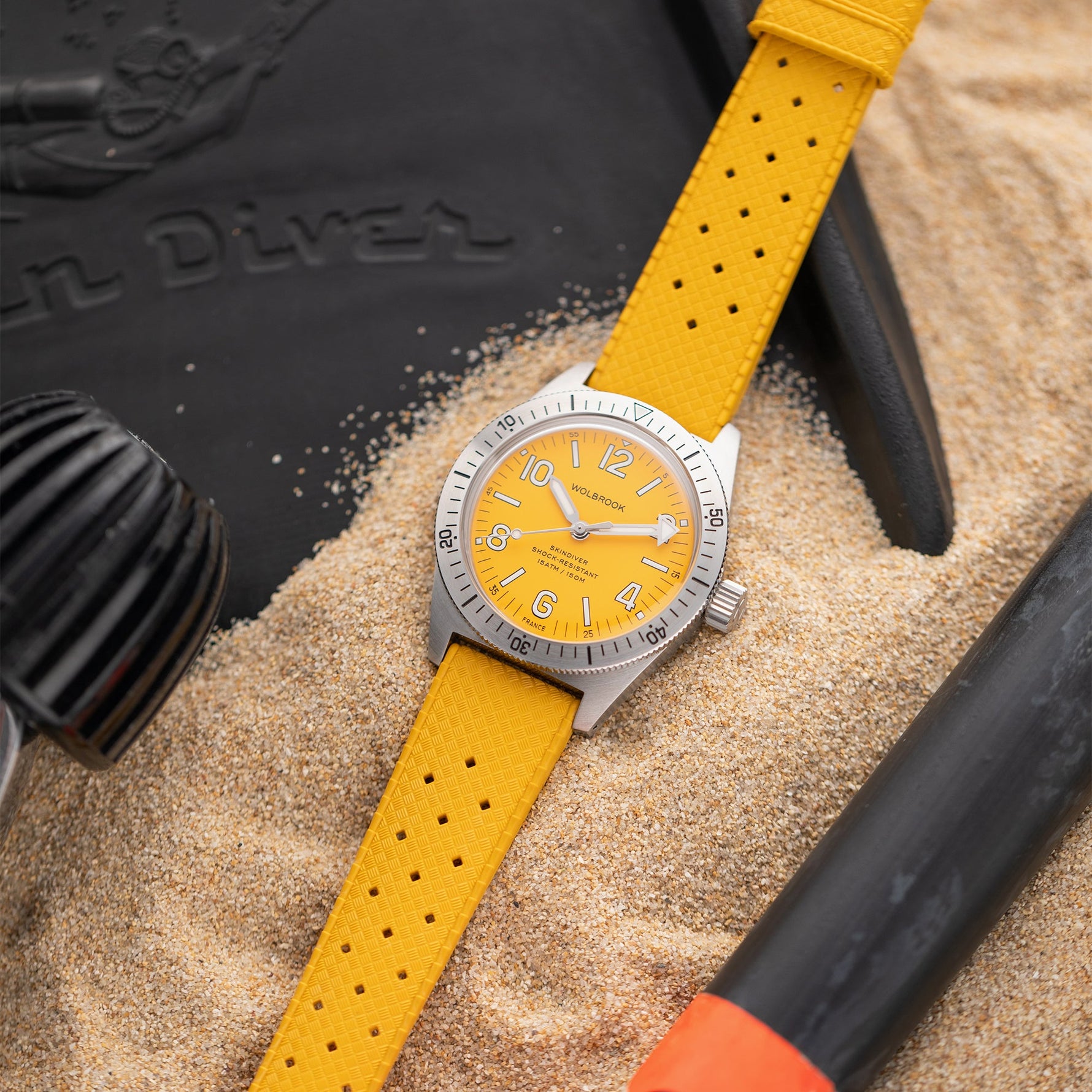 Wolbrook Skindiver Automatic yellow dive watch lifestyle on sand