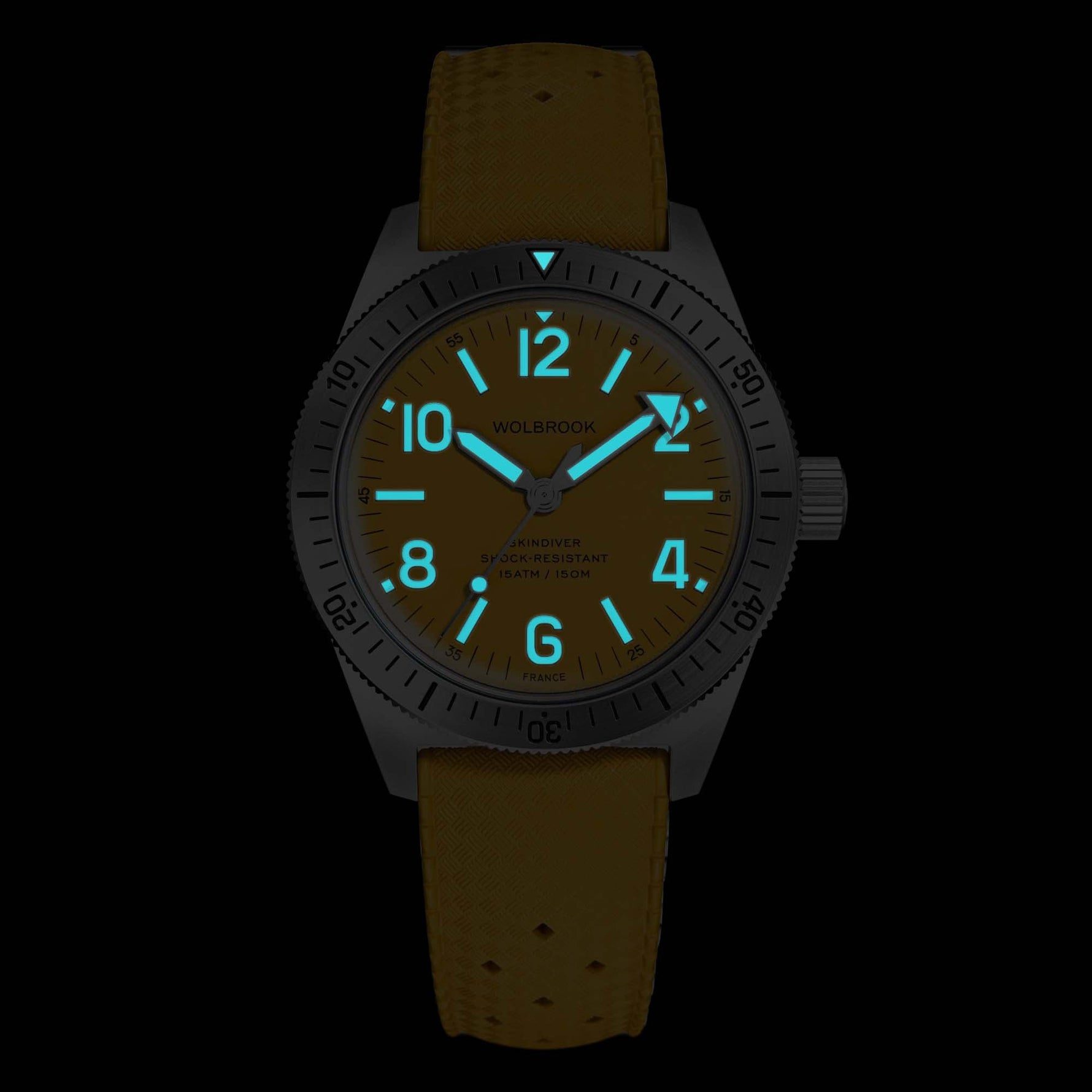 Wolbrook Skindiver Automatic yellow dial lume shot