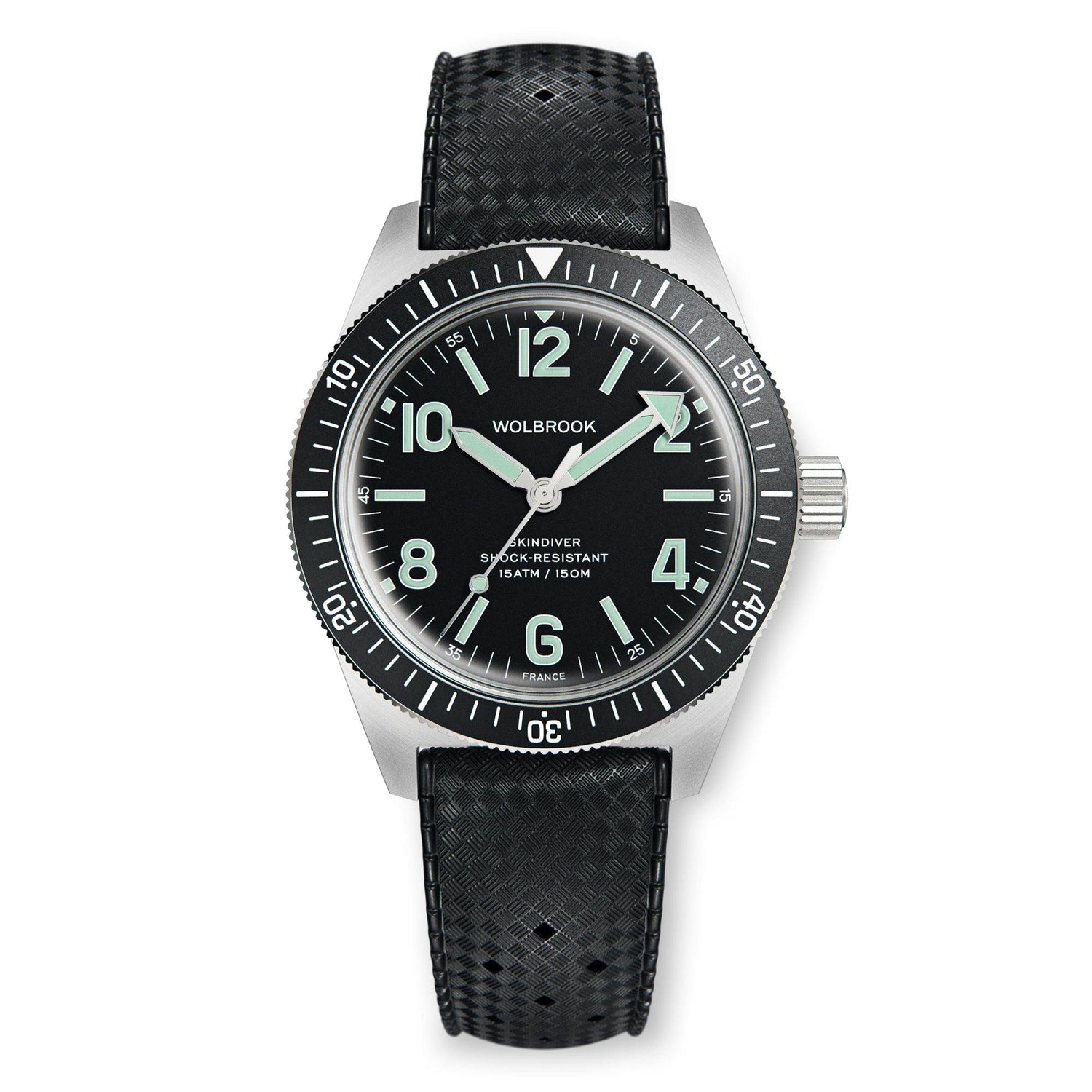 Wolbrook Skindiver Automatic black dial green lum dive watch on black Tropic strap