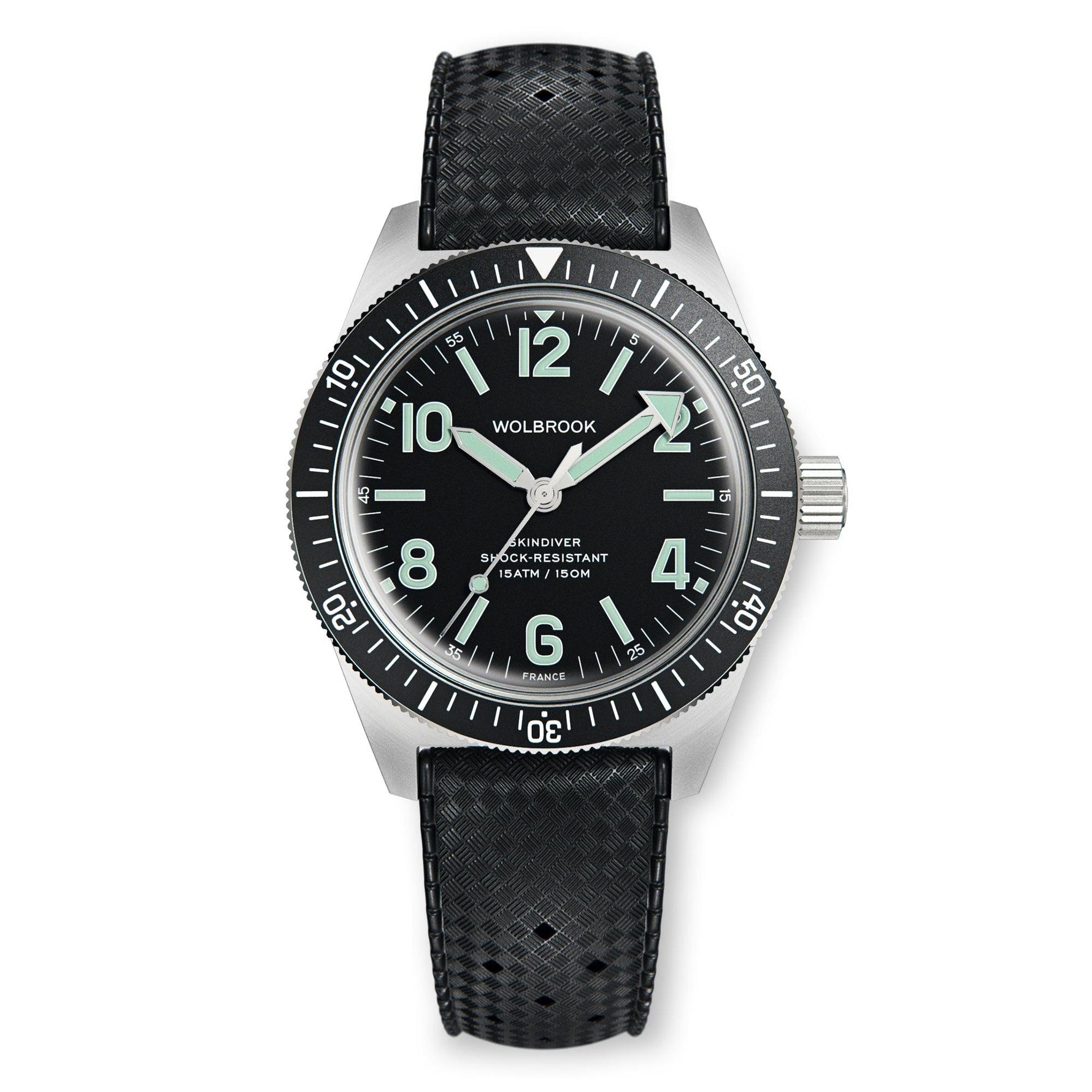 Wolbrook Skindiver Automatic black dial green lum dive watch on black Tropic strap
