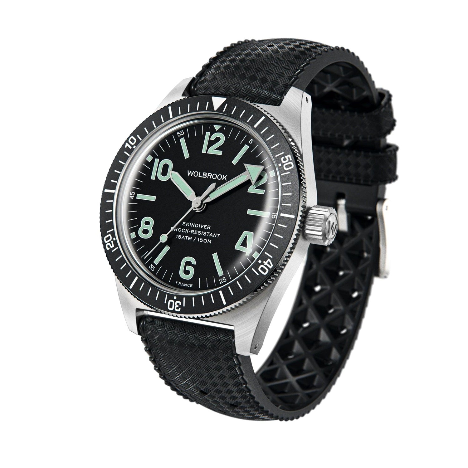 Wolbrook Skindiver Automatic green lum black dial watch angled view