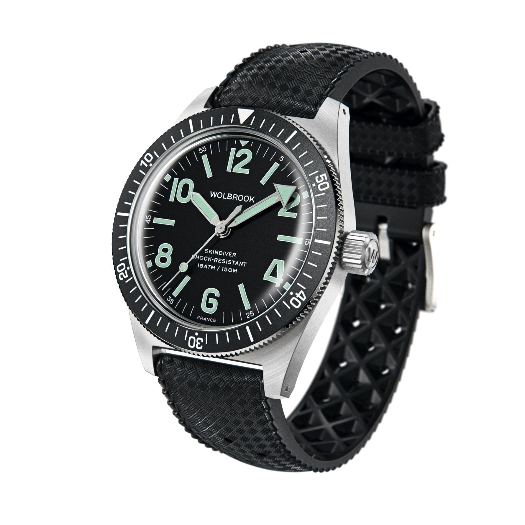 Wolbrook Skindiver Automatic green lum black dial watch angled view