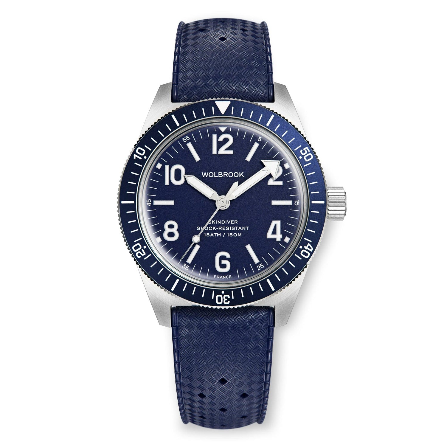 Wolbrook Skindiver Automatic blue dial dive watch on blue Tropic rubber strap