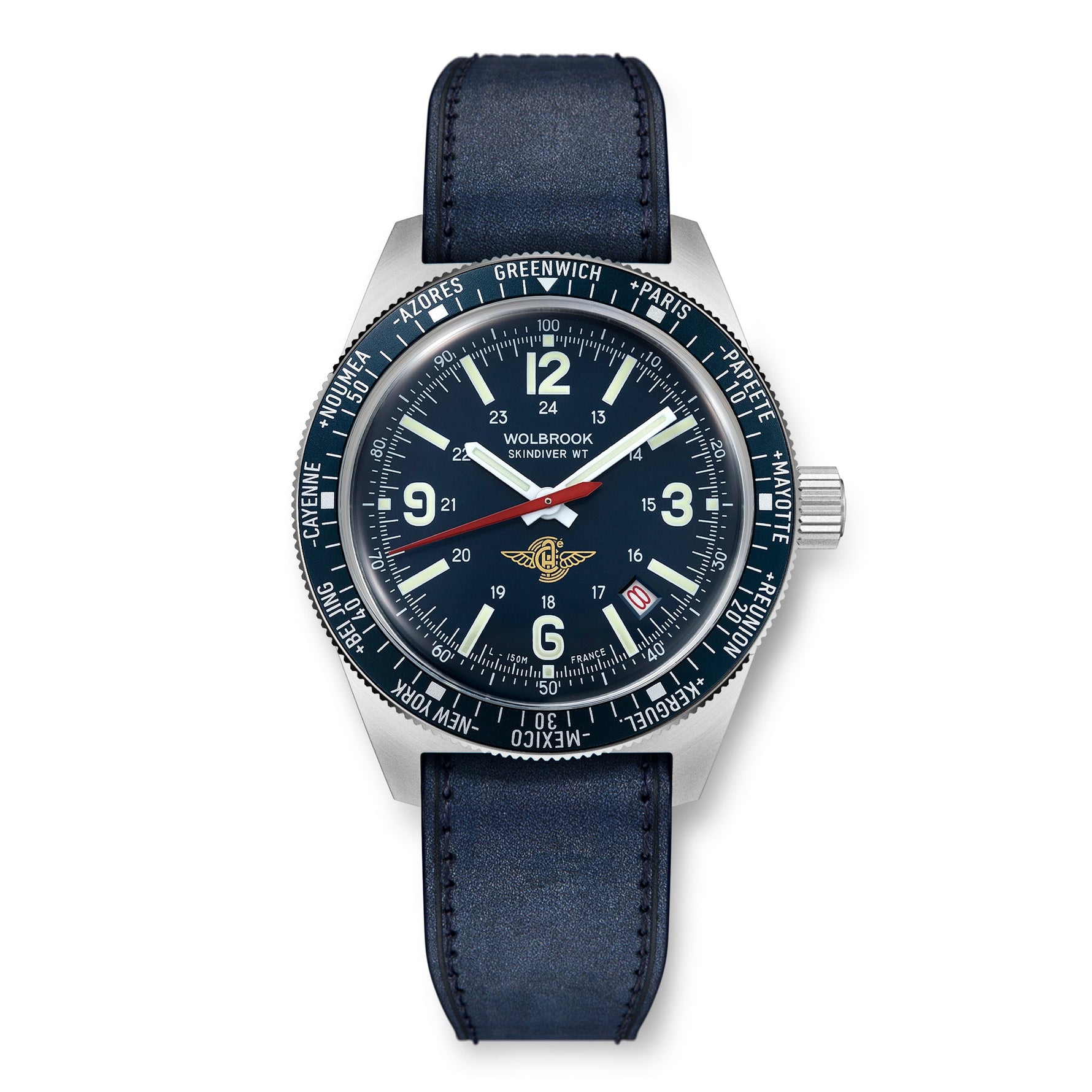 Wolbrook Skindiver WT Automatic Aéro-Club de France blue dial watch on blue leather strap